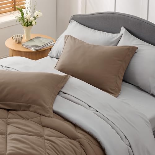 Bedsure Brown Twin Comforter Set - 5 Pieces Reversible Twin Bed in a Bag, Extra Long Twin Bed Set Brown and Grey with Comforters, Sheets, Pillowcase & Sham