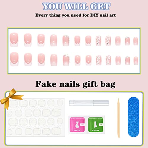 Pale Pink Press on Nails Medium Square Fake Nails with Flower Rhinestone Designs Glossy Full Cover Glue on Nails Acrylic French False Nails Stick on Nails for Women Girls