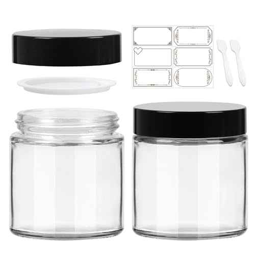 4 oz Clear Round Glass Jars, Pack of 2 with Black Lids, Cosmetics Containers for Face Cream Lotion, Powder, Candle, Spice, Body Butter