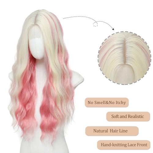 Blonde Pink Long Wavy Wig 26 Inch - Heat-Resistant Synthetic Fiber