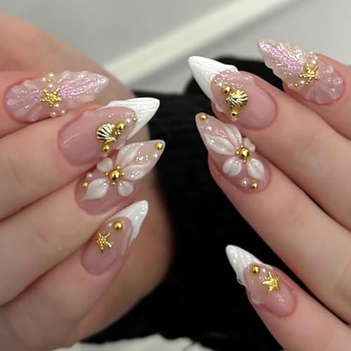Medium Almond Press On Nails | Nude Pink 3D Floral French Tips