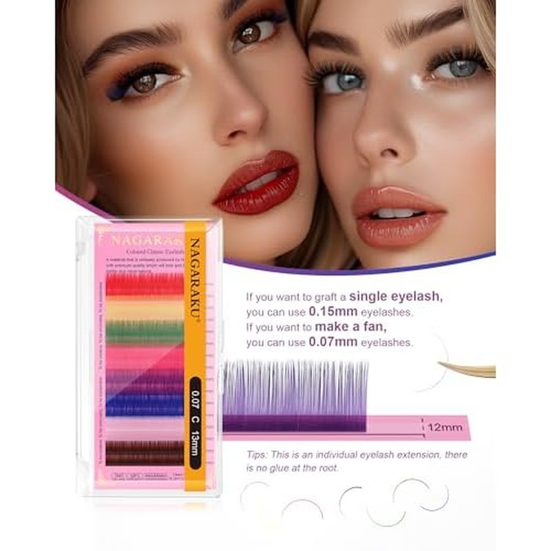 NAGARAKU Colored Eyelash Extensions 8 Colors Rainbow 0.07mm C curl 12mm Purple Blue Pink Brown Individual Lashes Color Lash Clusters Soft Natural Professional Salon Supplies