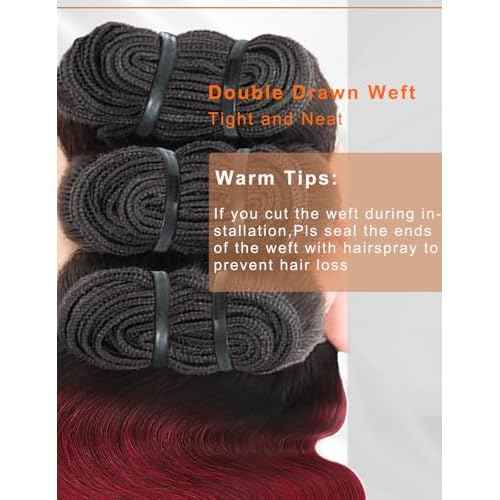 Ombre Bundles Human Hair, 13A Raw Indian Hair Bundles Body Wave, 16 Inch Colored 1B99J Burgundy Red Human Hair Bundles, Triple Service Life Keep Texture Silky Soft Tangle-Free