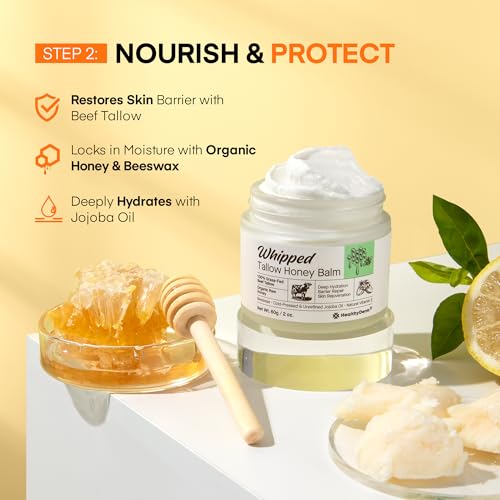 Super Vitamin C with Beef Tallow Honey Balm for Skin Duo ? with Peptides & Niacinamide for Face Wrinkles, Lifting, & Age Spots | Complete Anti-Aging Skincare Set for Restoring Radiance to Mature Skin