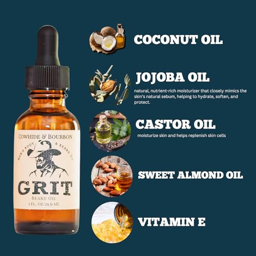 GRIT Cowhide & Bourbon Premium Beard Oil (1 Fl oz) | Coconut Oil, Vitamin E | Beard Oil for Grooming | Hydrating Conditioning Oils | Softens Brittle & Dry Facial Hair |