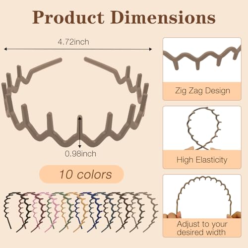 Zig Zag Headbands for Women, 10-Pack Plastic Hair Clips