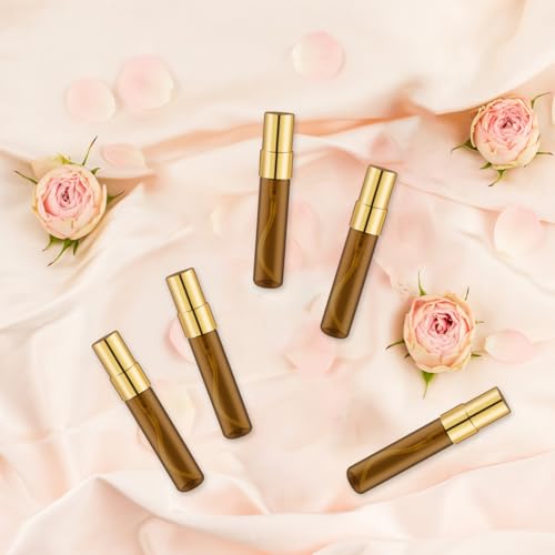30 Pcs Golden Vials Mini Spray Bottle Amber Glass Fine Mist Perfume Empty Sample Containers with Lids for Travel Cleaning Essential Oils - 5ml/0.17oz