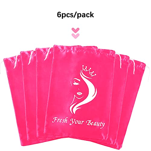 AIHOPESTO 6Pcs Satin Pouches with Drawstring - Soft Pink Silk Storage Bags for Hair Bundles, Wigs & Accessories (6 PCS Pink)