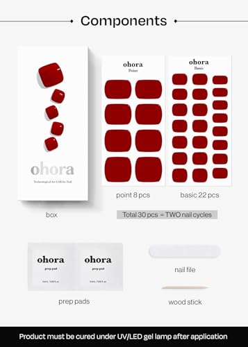 ohora Semi Cured Gel Pedicure Strips - Solid Red Nail Wraps (30 Pcs)