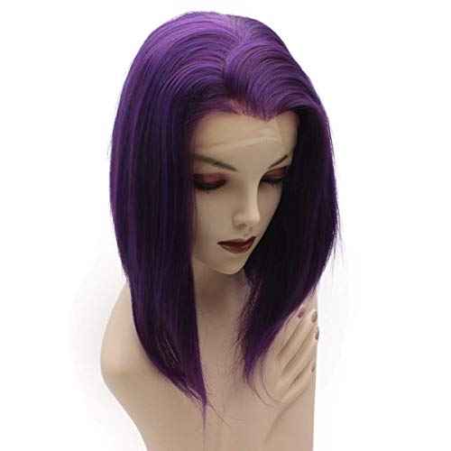 iwonawig Short Straight Bob Wig Drag Queen Synthetic Lace Front Wig Raven Purple Half Hand Tied Heat Resistant Fiber Hair Wig