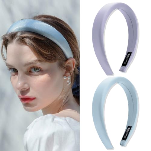 FULZTEY Padded Headbands for Women Girls Solid Plain Puffy Headband Silk Satin Wide Hairbands Thick Blue Head Band Hoop No Teeth Purple Hair Band for Women's Hair Accessories Gifts 2 Pcs