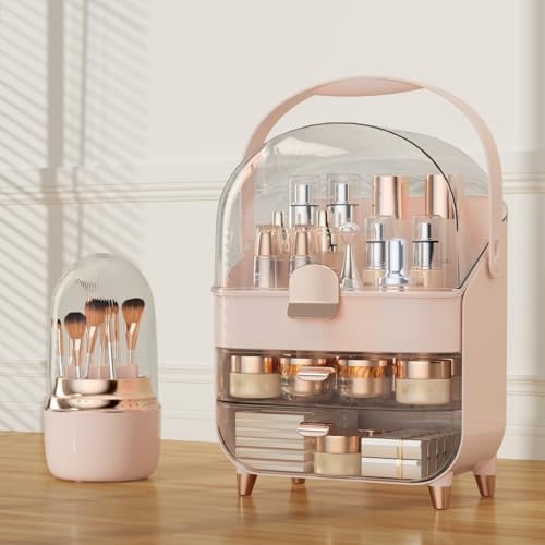 Makeup Organizer, Skincare Organizers With Makeup Brush Holder, Cosmetic Organizer for Countertop,Bathroom, Vanity, Cosmetic Display Cases, Christmas Gifts for Teen Girls (Pink)
