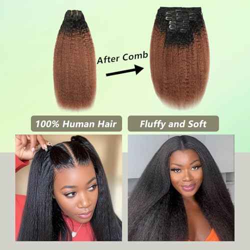 Yaki Straight Clip in Hair Extensions Real Human Hair Ombre Brown 100% Unprocessed Brazilian Virgin Hair Clip Ins Kinky Straight Hair Clip ins for Women 8pcs with 18 Clips 120g Per Set (24 Inch)