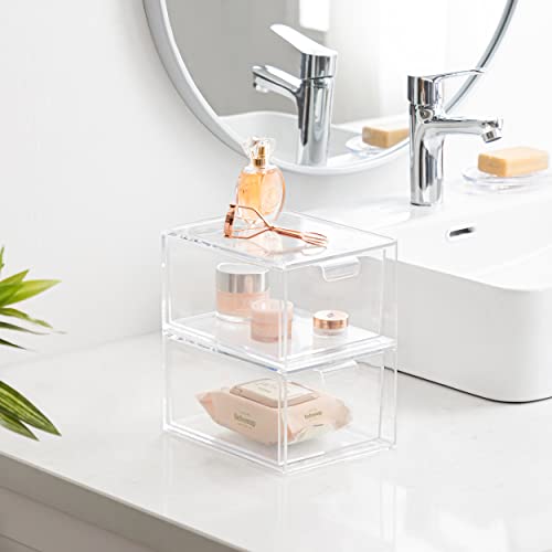 HBlife Pack of 2 Stackable Makeup Organizer Drawers Clear Plastic Bathroom Organizers Cosmetic Container Organization and Storage Bins for Vanity