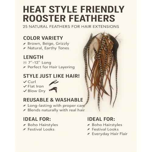 Sexy Sparkles Feather Hair Extension ? 25 Loose Long Natural Rooster Feathers in Brown, Beige, and Grizzly, All Individual Feathers, Ranging From 6 to 11 Inches in Length