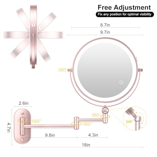 ZLOKLA 9" Wall Mounted Lighted Makeup Mirror - 1X/30X Magnification, Rechargeable, 360° Rotation, Touch Dimmable, 3 Color Lights