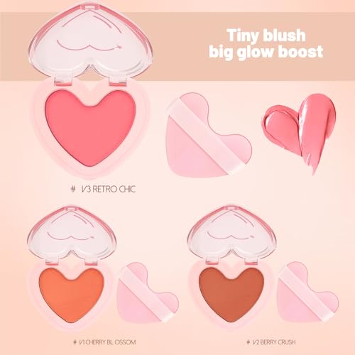 Multi Texture Heart Blush Cream, Liquid, Powder & Jelly Blushl for Cheeks,Beauty-Matte & Natural Finish Cheek Tint & Blush Palette (V3 Retro Chic)