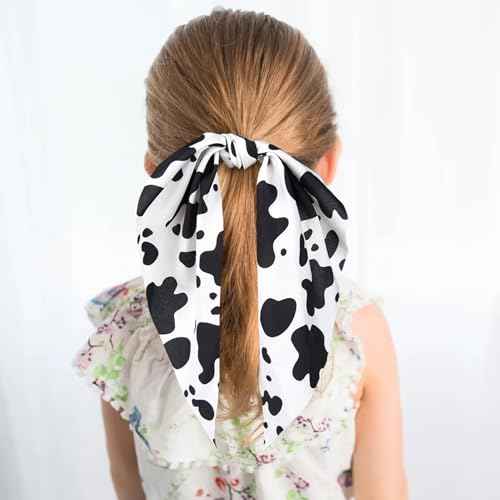 Cow Print Hair Band for Women, Non-Slip Rabbit Bunny Ear Bow Hair Tie Ropes, Elastic Bowknot Ponytail Holder Hair Scrunchies Accessories for Curly Straight Thin Thick Fine Hair