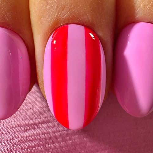 Byeokip Almond Short2 Rose Pink Press On Nails Set - Reusable Fake Nails with Stripe Design, Glossy Finish, 24 Pcs