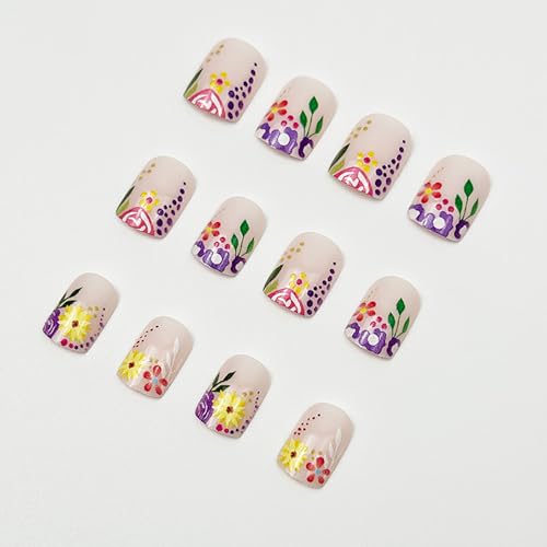 Short Square Press On Nails 24Pc with Flower Dots & French Tip