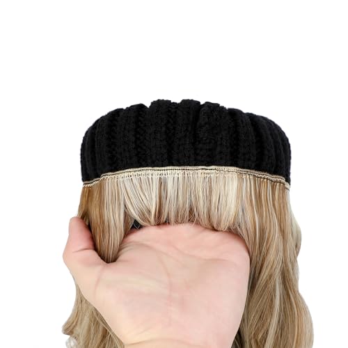 Women's Beanie Hat with 20" Wavy Hair Extensions - Knit Pom Cap