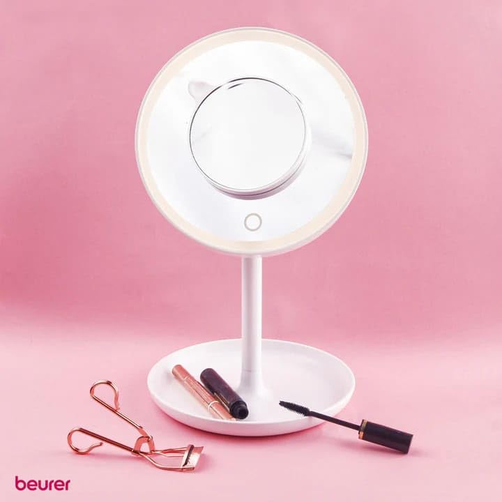 Beurer Illuminated 5X Vanity and Cosmetics Mirror, Touch Sensor Surface, Storage Tray, with Portable, Magnetic Magnifying Makeup Mirror, White LED Light and Dimmer, Cordless, 360° Rotation, BS45