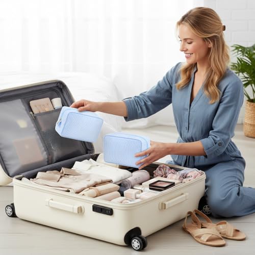 Sanwuta Seersucker Cosmetic Bag Set 10pc Light Blue