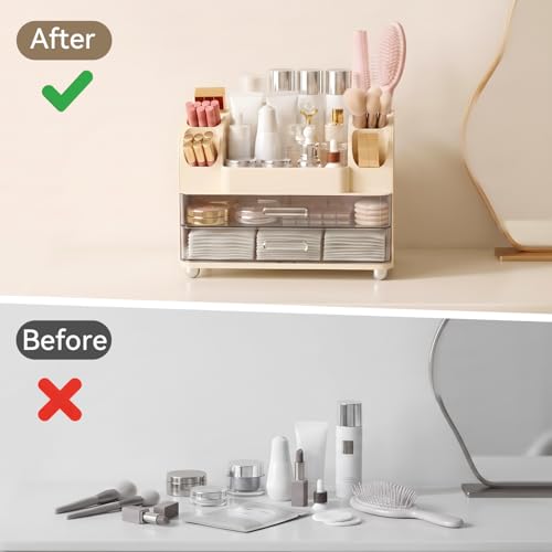 Large Makeup Organizer with 2 Drawers & 6 Brush Holders - Cream