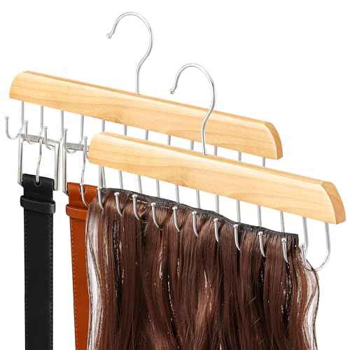¡¼2 Pack¡½ Wood Hair Extension Holder for Hair Storing, Washing, Drying, Coloring, Styling, Foldable Belt Hanger, Rotating Multi-Purpose Hooks Hanger, Hanging Closet Organizer