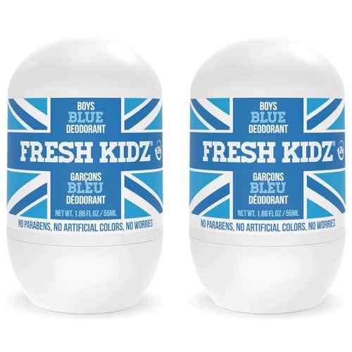 Fresh Kidz Roll On Deodorant for Kids and Teens - Baking Soda and Aluminum-free 24 Hour Protection for Sensitive Skin - Boys "Blue" 1.86 fl.oz. (2 Pack)