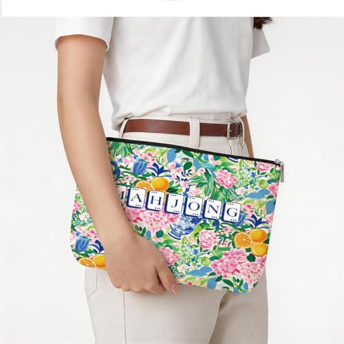Blue Leaves Multicolor Floral Mahjong Tile Bag with Zipper - American Mahjong Case