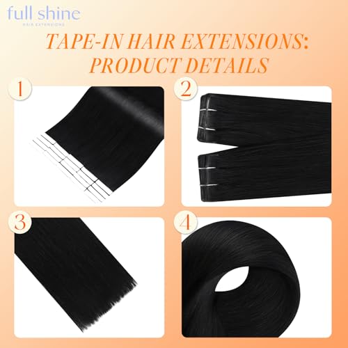 Full Shine 14-Inch Tape-In Hair Extensions - Black Remy Hair, 20 Pcs