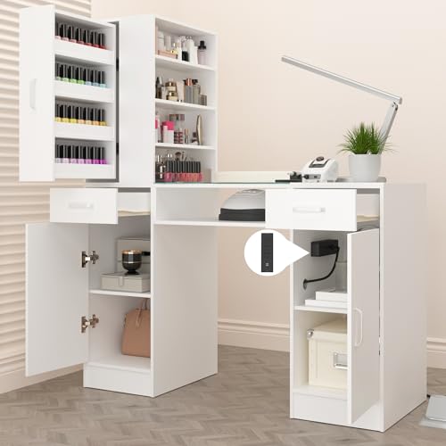 Manicure Table Nail Desk with Glass Top & Storage Cabinets for Salon
