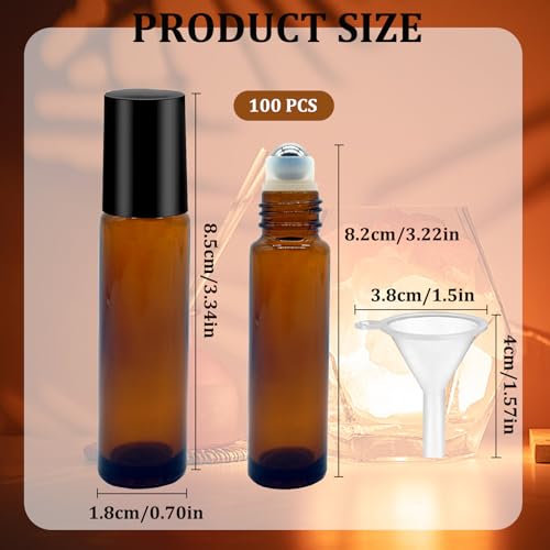 100 Pcs Essential Oil Roller Bottles 10ml Empty Glass Roller Bottles with Stainless Steel Roller Balls Protection Leakproof with 5 Funnel for Travel, Roller Balls For Essential Oils(Brown)