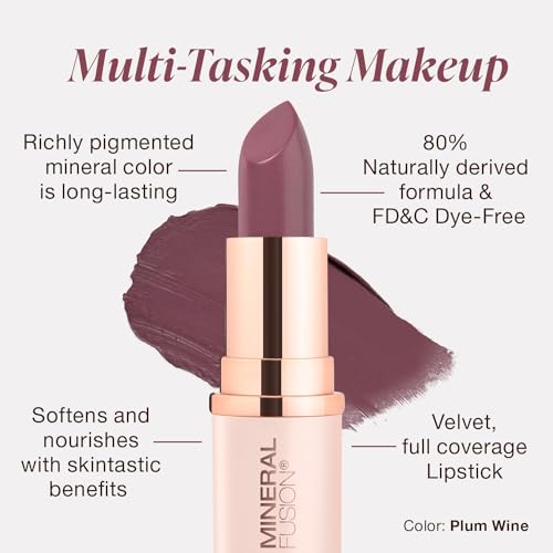 Mineral Fusion Lipstick, Vivid & Smudge-Free Lip Color with Avocado Oil, Cocoa Seed Butter & More, Long-Lasting Vegan Lipstick, FD&C Dye-Free, Cruelty-Free, Paraben-Free, Gluten Free, Plum Wine