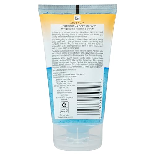 Neutrogena Deep Clean Invigorating Foaming Facial Scrub with Glycerin, Cooling & Exfoliating Gel Face Wash to Remove Dirt, Oil & Makeup, 4.2 fl. oz