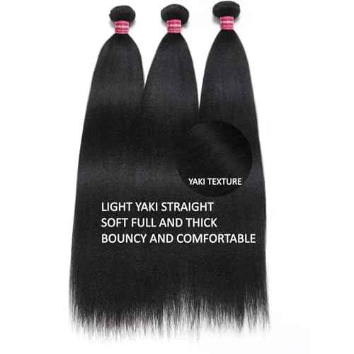 KLAIYI Yaki Straight Bundles Human Hair Weaves Unprocessed Real Virgin Hair Sew In Extensions One Bundle Of 20Inch, 12A Kinky Straight Double Wefts for Women Cllip In Light Yaki Natural Black Color