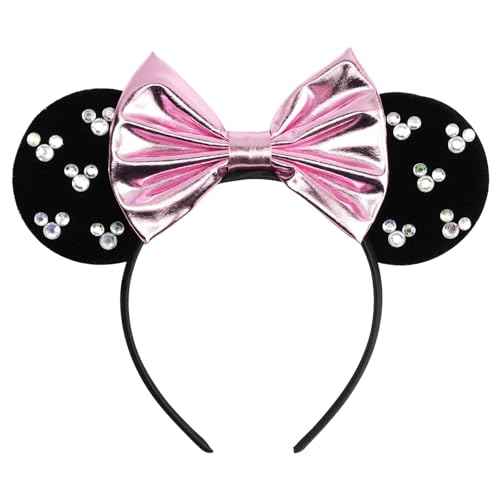 Black Velvet Mouse Ears Headband, Metallic Pink Bow & Crystal Accents for Nightlife & Theme Parks
