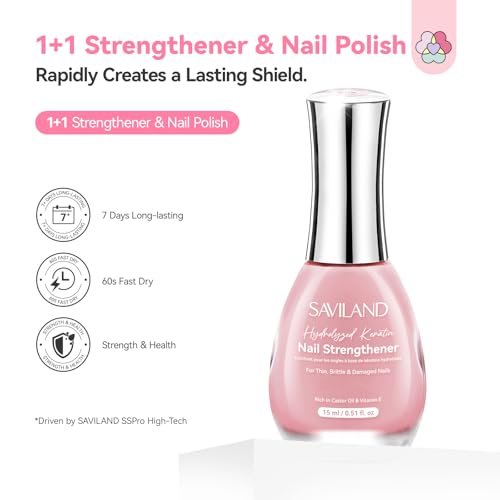 SAVILAND Nail Strengthener with Castor Oil & Vitamin E - Sheer Pink Polish for Damaged Nails