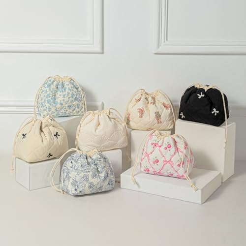 Quilted Cotton Drawstring Makeup Bag with Canvas Lining