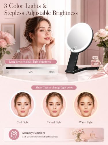 JJhxr 40X/1X Black Makeup Magnifying Mirror with Lights - 6 Inch Double-Sided LED Travel Mirror
