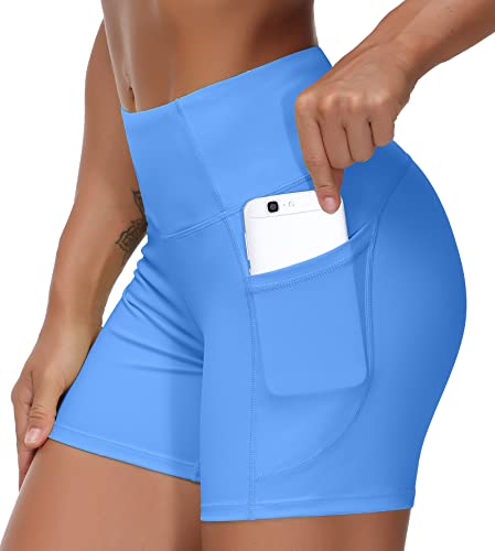 THE GYM PEOPLE High Waist Yoga Shorts for Women's Tummy Control Fitness Athletic Workout Running Shorts with Deep Pockets(Small, Sea Blue)