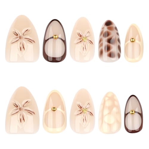 Tortoise Shell Almond Press on Nails - 24 Pcs Brown Floral Design