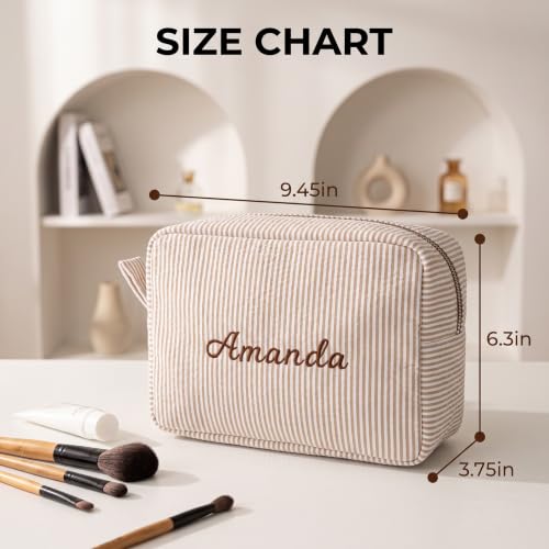 MT WORLD Personalized Cosmetic Bag for Women Girls Brown Seersucker Makeup Organizer