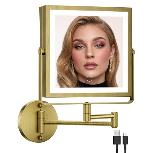 Rechargeable Wall Mounted Makeup Mirror with Lights, 4000mAh Double Sided 1X/10X Magnifying Vanity Mirror with 3 Color Lights, Touch Dimmable, 360¡Æ Extension Foldable Arm (Antique Brass)