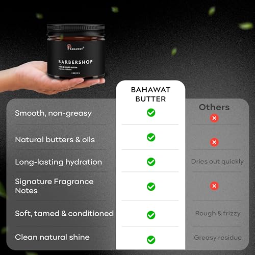 BAHAWAT Hair & Beard Butter for Men Leave-in Conditioner - Barbershop scent - Strengthen & Soften? Made in USA -Organic Natural Ingredients | The Best Beard Butter - 2 oz.
