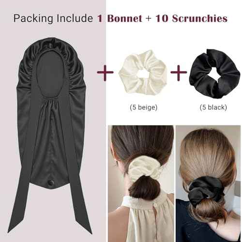 Long Hair Bonnet for Women, XL Silky Satin Sleeping Cap with Tie Band for Braids Curly Hair, Includes 10PCS Scrunchies