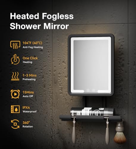 Electric Heated Shower Mirror with LED Light - Fogless Shaving