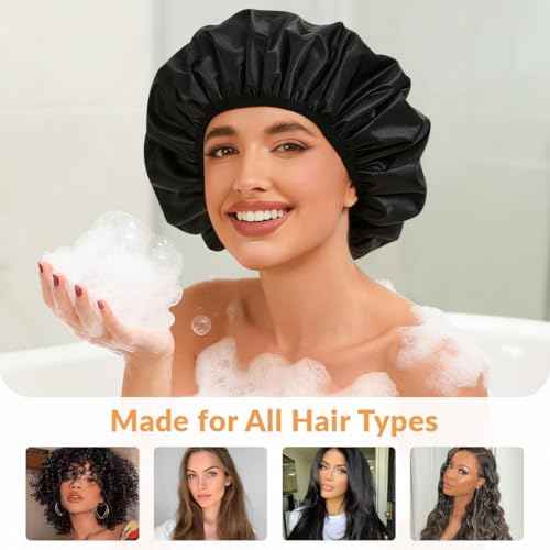 Shower Cap for Women, 2-in-1 Reusable Waterproof Shower Cap with Terry Cloth Lining, Bath Cap for Long Curly Thick Hair(Black)