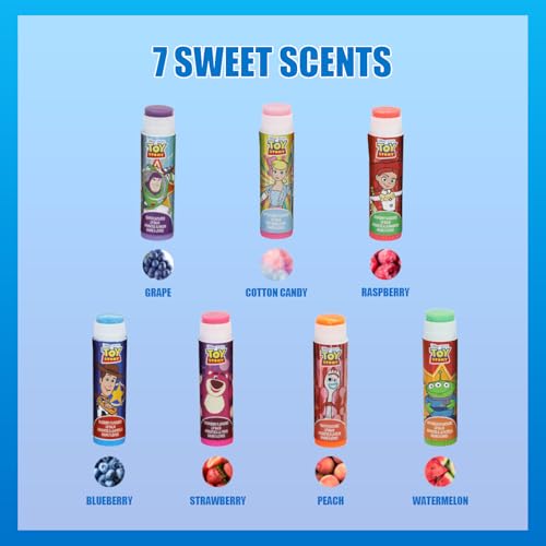 Townley Girl Toy Story 7 Pack Lip Balm with Keychain, Plant Based Lip Balm for Boys and Girls, Kids Chapstick